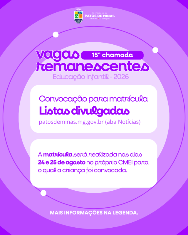 15ª chamada para vagas remanescentes em CMEIs 21 Ago 2026 247 visualizações CONTINUAR LENDO
