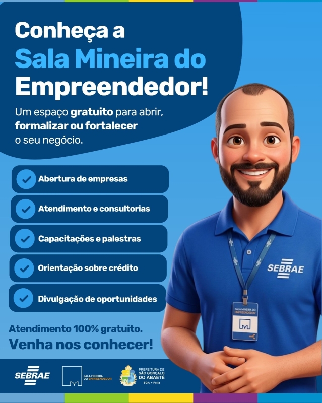 Conheça a Sala Mineira do Empreendedor de São Gonçalo do Abaeté Quinta-feira 10h23 14 mai Para quem tem o sonho de empreender ou já tem um negócio e precisa de apoio: a Sala Mineira do Empreendedor já